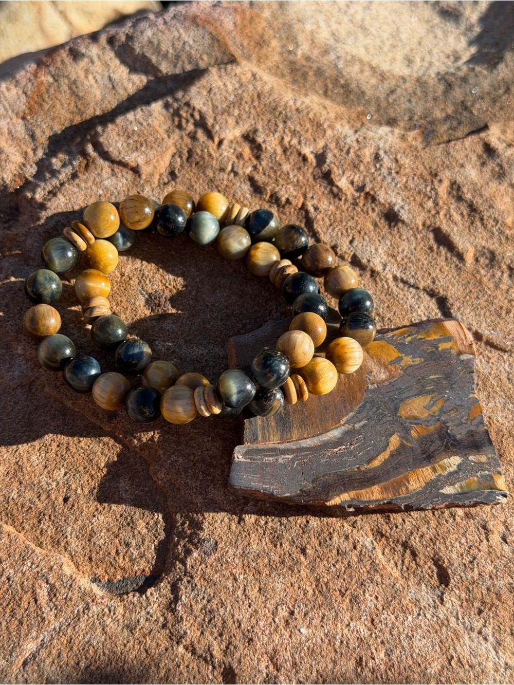 Handmade Tiger Eye Beaded Stretch Bracelet - Yellow Brown